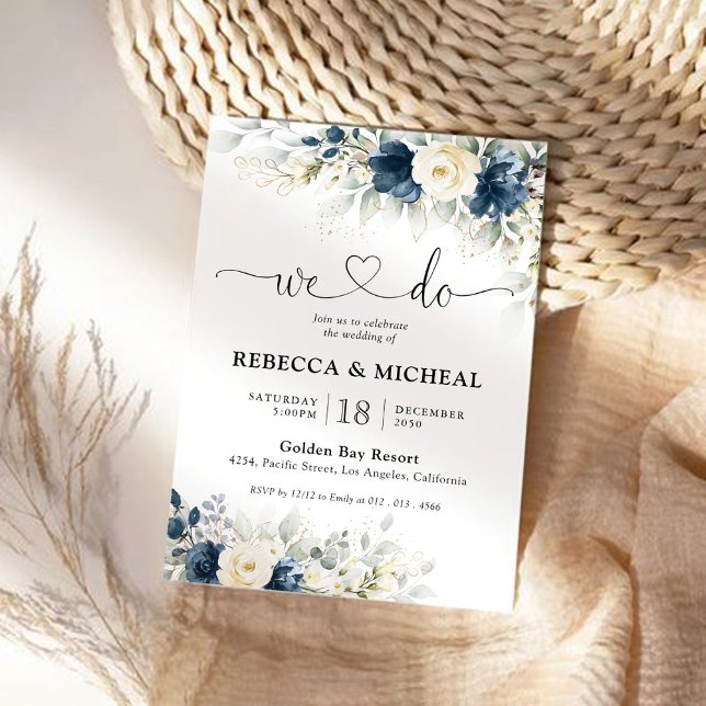 Navy Blue and White Roses Wedding Ceremony Invitation (Creator Uploaded)