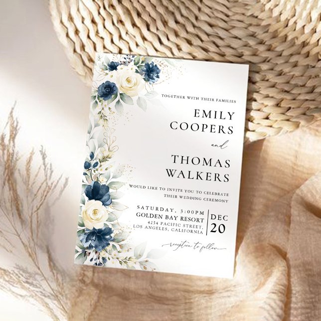 Navy Blue and White Roses Wedding Ceremony Invitation (Creator Uploaded)