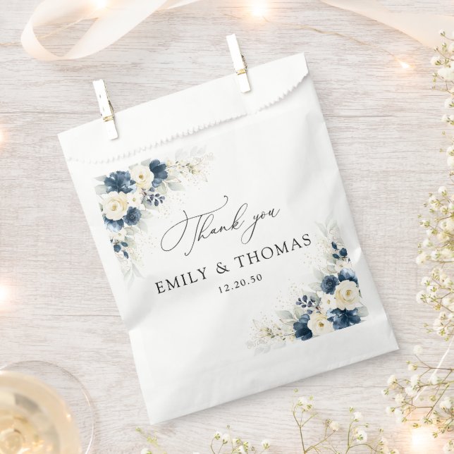 Navy Blue and White Roses Wedding Favour Bag (Clipped)