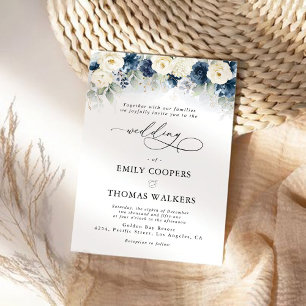 Navy Blue and White Roses Wedding Invitation