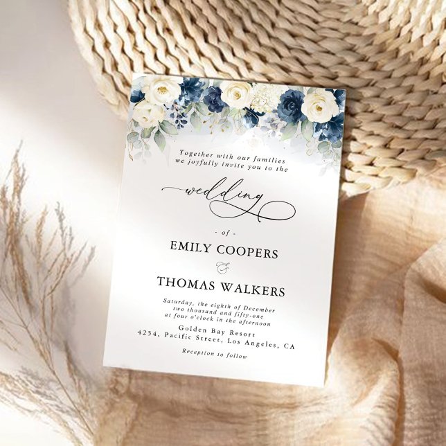 Navy Blue and White Roses Wedding Invitation (Creator Uploaded)