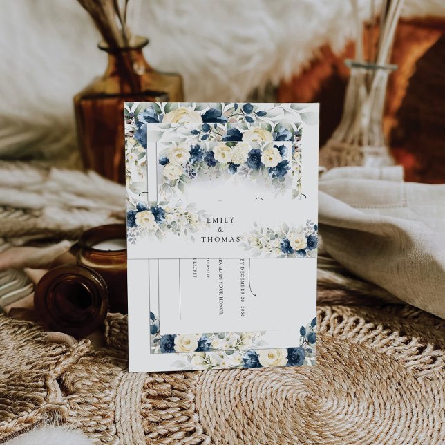 Navy Blue and White Roses Wedding Invitation Belly Band (Creator Uploaded)