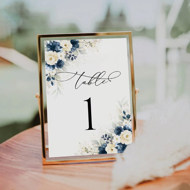 Navy Blue and White Roses Wedding Table Numbers (Creator Uploaded)