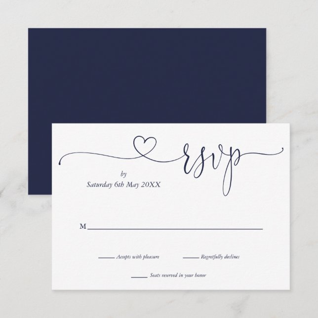 Navy Blue And White Script Heart  RSVP Card (Front/Back)