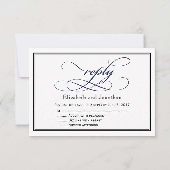 Navy Blue and White Script Wedding Reply Card (Front)