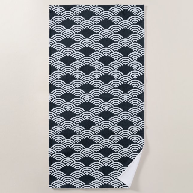 Navy blue and white Seigaiha waves pattern Beach Towel (Front)