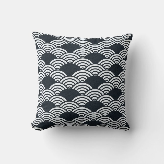 Navy blue and white Seigaiha waves pattern Cushion (Front)