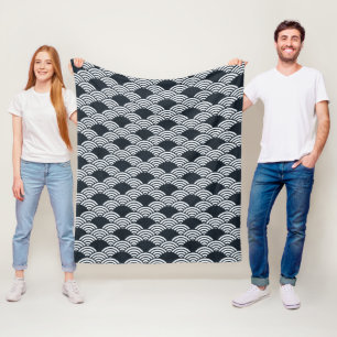 Navy blue and white Seigaiha waves pattern Fleece Blanket
