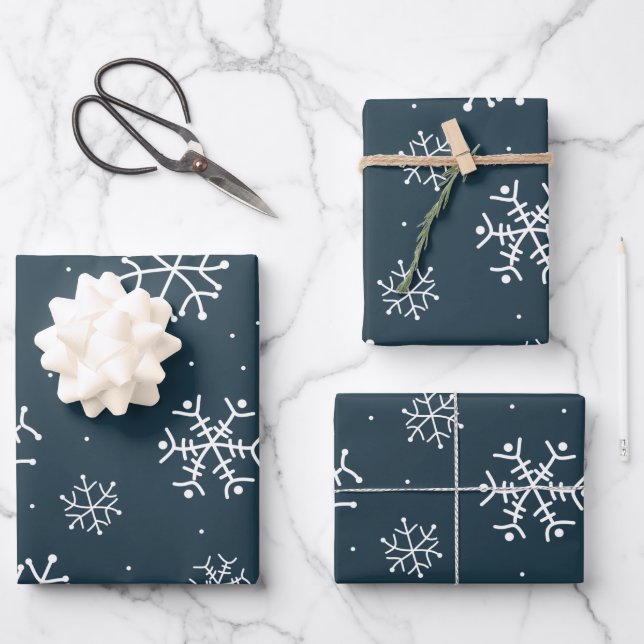 Navy Blue and White Snowflakes  Wrapping Paper Sheet (Front)