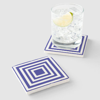 Navy Blue and White Square Stripes Stone Coaster