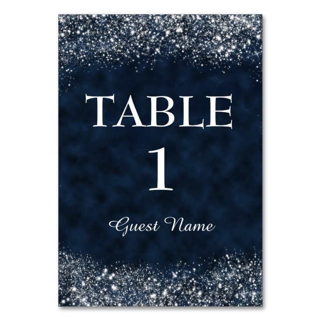 Navy Blue and White Stardust Reception Place Card (Front)