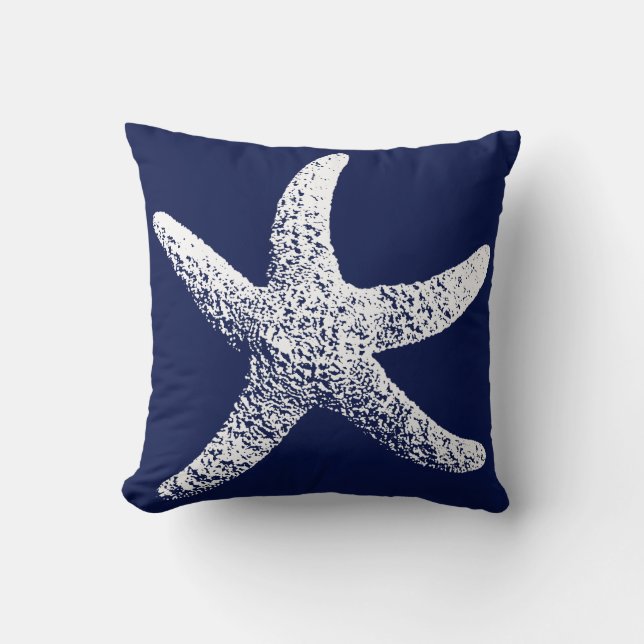 Navy Blue and White Starfish Pillow (Front)