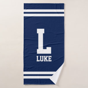 Navy blue and white stripe custom name monogram bath towel