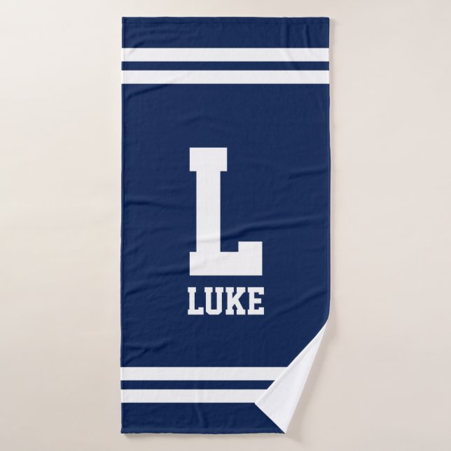 Navy blue and white stripe custom name monogram bath towel (Bath Towel)