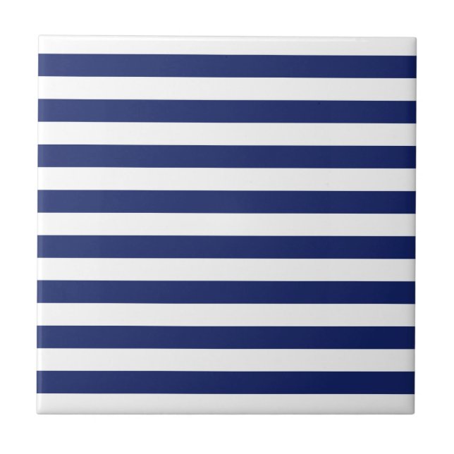 Navy Blue and White Stripe Pattern Ceramic Tile (Front)