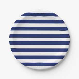 Navy Blue and White Stripe Pattern Paper Plate