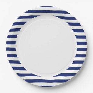 Navy Blue and White Stripe Pattern Paper Plate