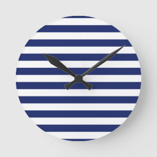 Navy Blue and White Stripe Pattern Round Clock