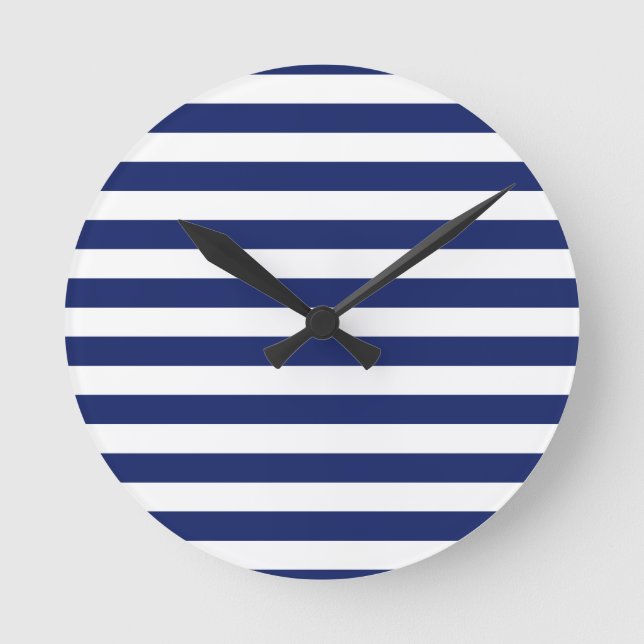 Navy Blue and White Stripe Pattern Round Clock (Front)