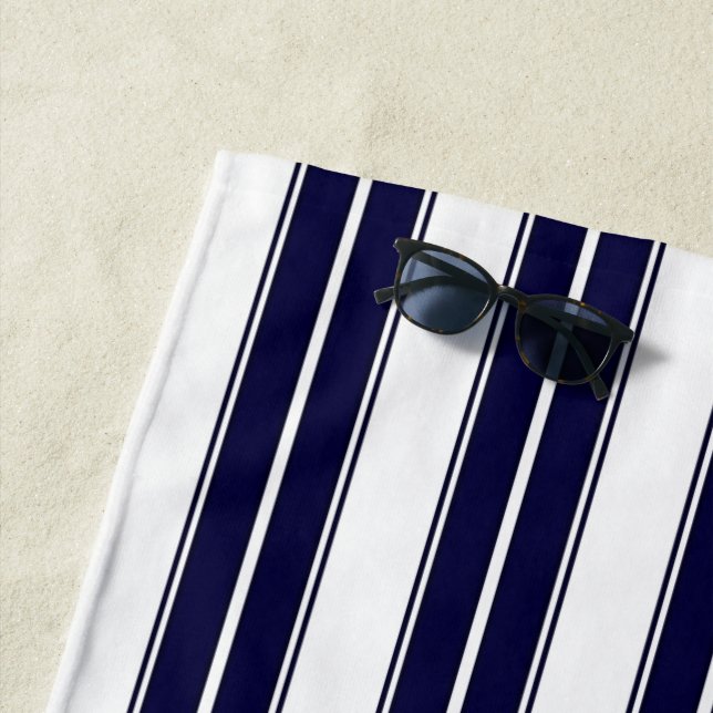 Navy Blue and White Striped Beach Towel (In Situ)