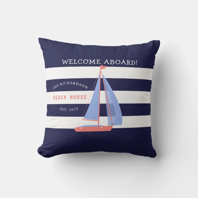 Navy Blue and White Stripes and Sailboat Nautical Cushion (Front)