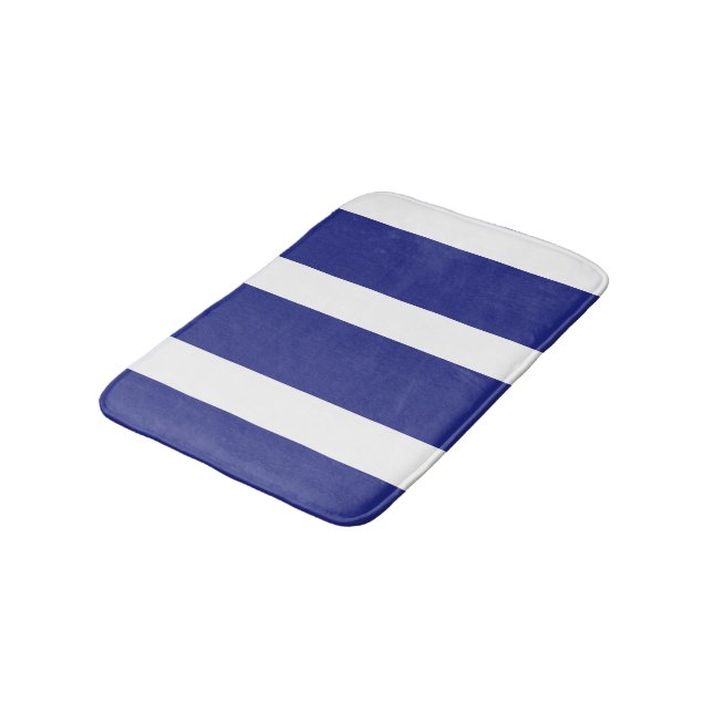 Navy blue and white stripes bath mat (Angled)