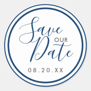 Navy Blue and White Stripes Nautical Save our Date Classic Round Sticker
