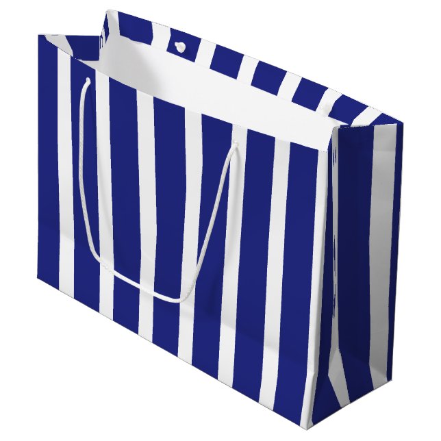 Navy blue and white stripes pattern large gift bag (Front Angled)