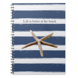 Navy Blue and White Stripes Starfish Notebook