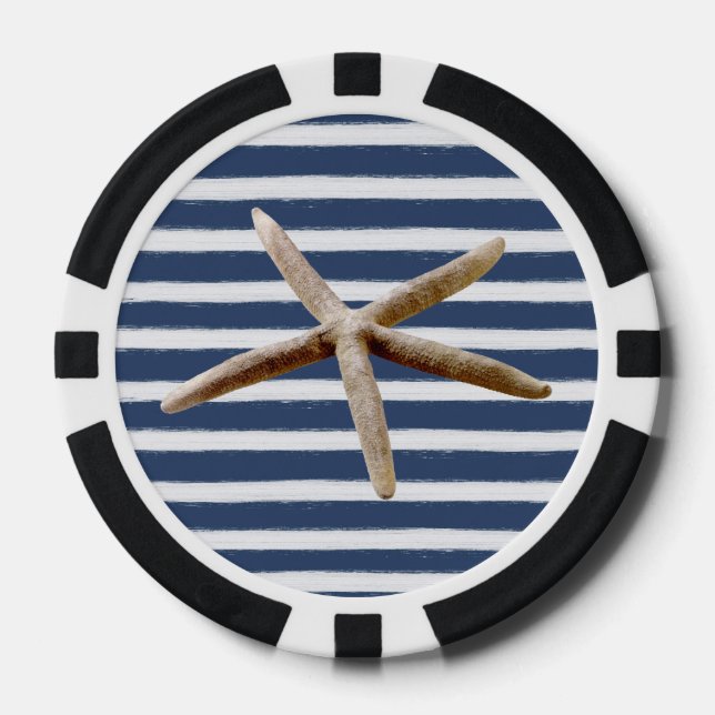 Navy Blue and White Stripes Starfish Poker Chips (Front)