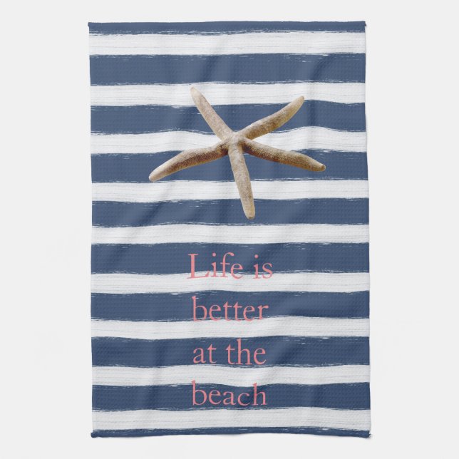 Navy Blue and White Stripes Starfish Tea Towel (Vertical)