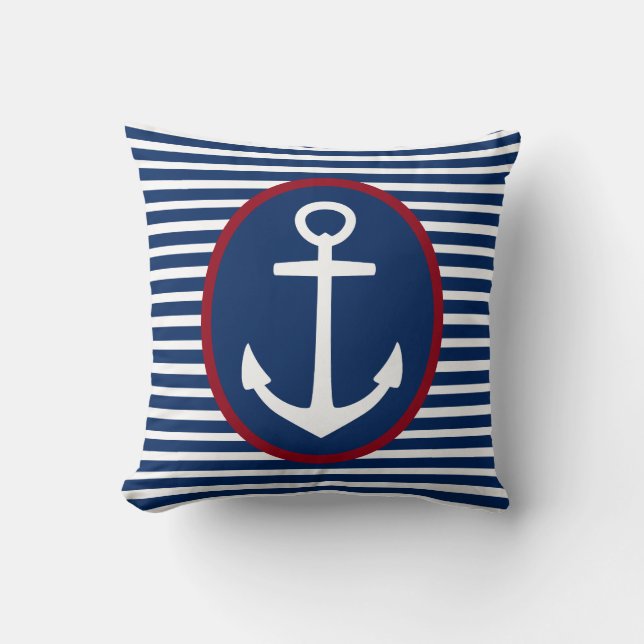 Navy Blue and White Stripes With Anchor Cushion (Front)
