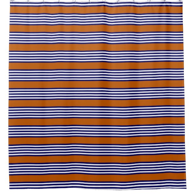 Navy blue and white stripes with burnt orange shower curtain (Front)