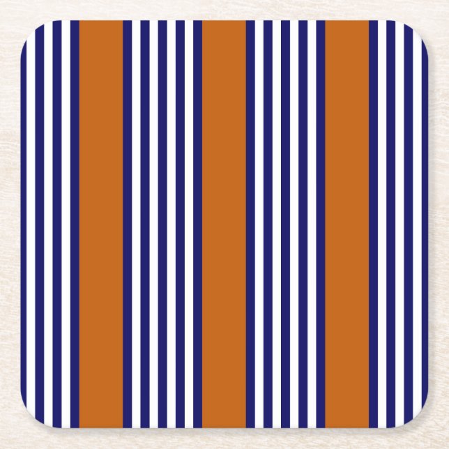 Navy blue and white stripes with burnt orange square paper coaster (Front)