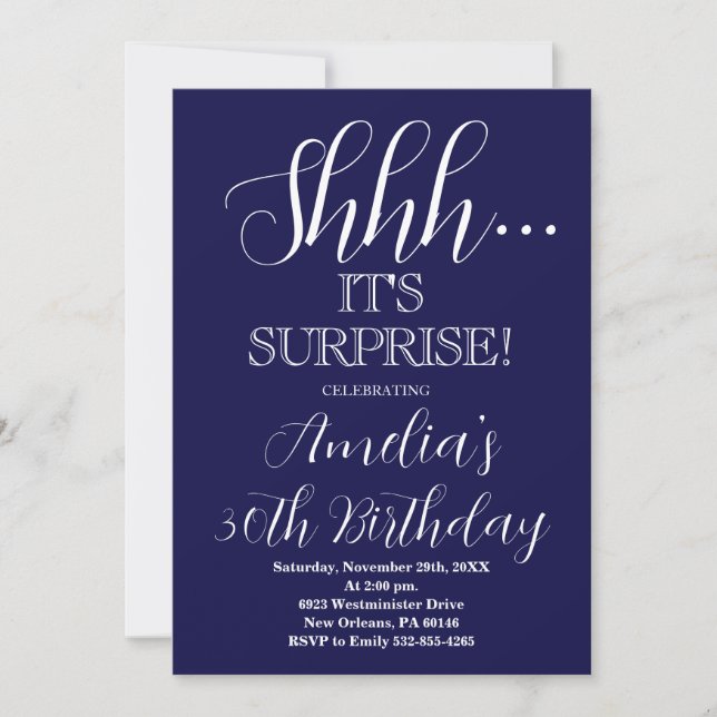 Navy Blue and White Surprise Birthday Party Invitation (Front)