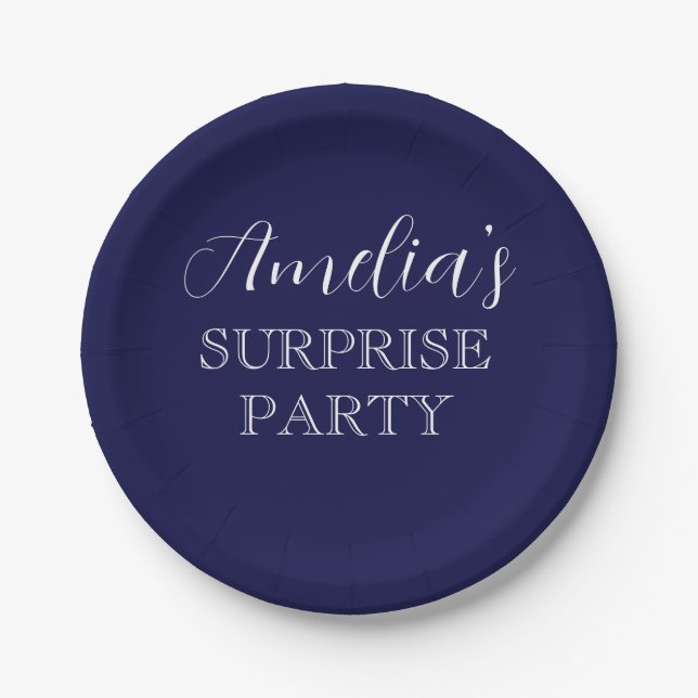 Navy Blue and White Surprise Birthday Party Paper Plate (Front)