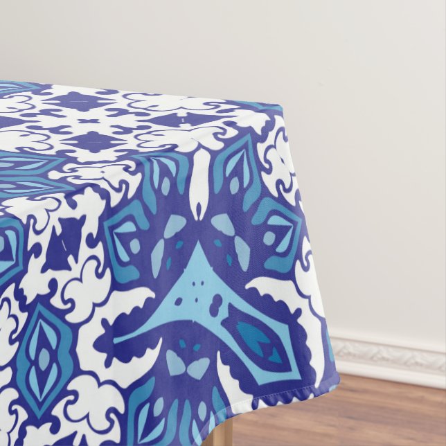 Navy blue and white tablecloth home decor (In Situ)