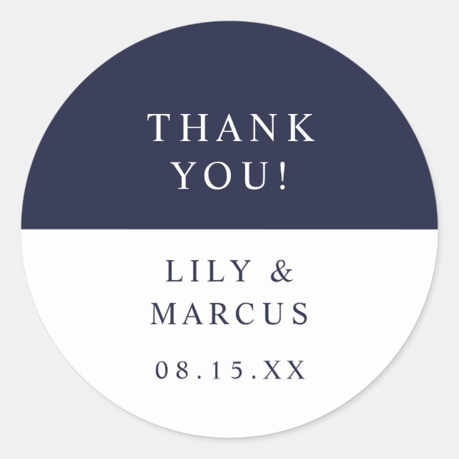 Navy Blue And White Thank You Wedding Favour Classic Round Sticker (Front)