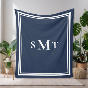 Navy Blue and White Three Letter Monogram Fleece Blanket