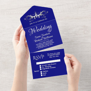 Navy Blue and White Tri Fold w Rsvp Wedding All In One Invitation