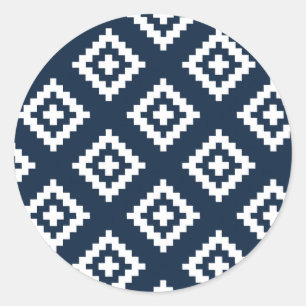 Navy Blue and White, Tribal, Aztec Classic Round Sticker