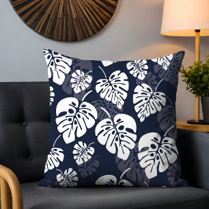 Navy Blue and White Tropical Foliage Floral Cushion