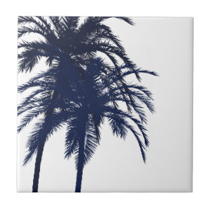 Navy Blue and White Tropical Palm Tree Ceramic Tile