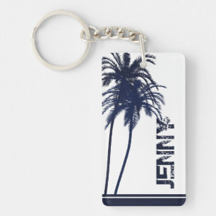 Navy Blue and White Tropical Palm Tree Key Ring