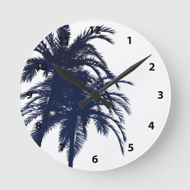 Navy Blue and White Tropical Palm Tree Round Clock (Front)