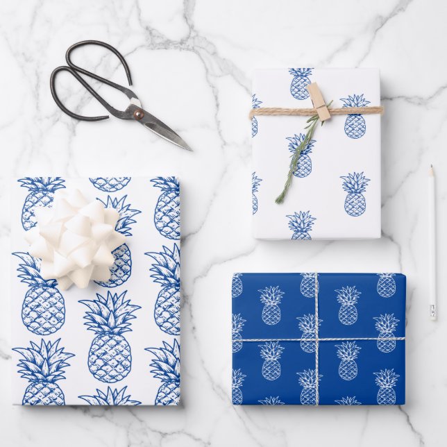 Navy Blue and White Tropical Preppy Pineapples Wrapping Paper Sheet (Front)