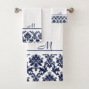 Navy-blue and white vintage damasks 2 monogram  ba bath towel set