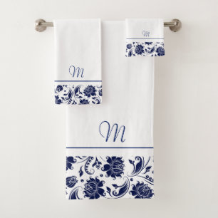 Navy-blue and white vintage damasks monogram bath towel set