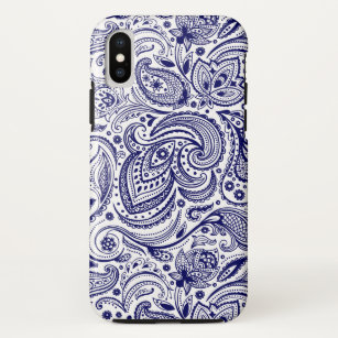 Navy-Blue and white vintage floral paisley pattern iPhone X Case