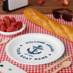 Navy Blue And White Vintage Nautical Boat Anchor Paper Plate<br><div class="desc">Elegant navy blue vintage nautical boat anchor with custom blue text on a white background.</div>
